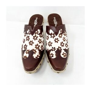 Paris Blues Shoes Clogs Boots Size 8.5 Brown White Leather Floral Freda Vintage